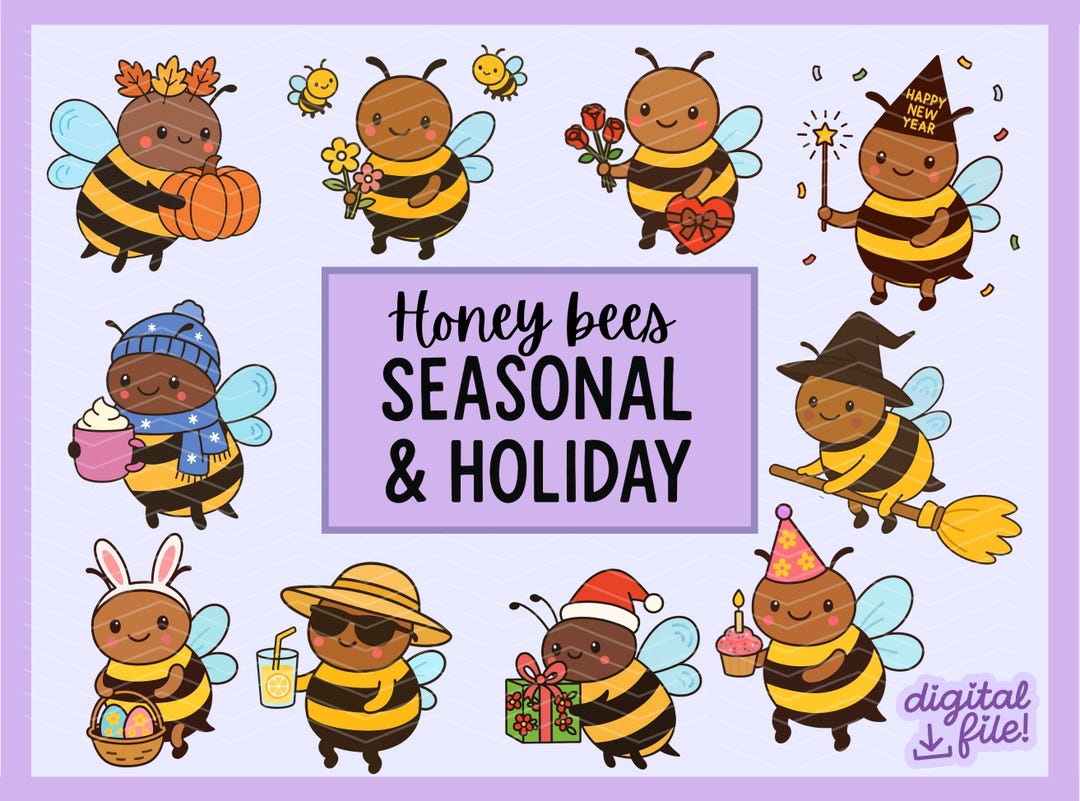 Fall Summer Bee Honey Bees Seasonal & Holiday PNG Bundle | Cute Kawaii Bee Clipart ...