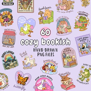 Op de afbeelding: Een verzameling van 60 handgetekende PNG-bestanden met een gezellig, boekenachtig thema. De illustraties tonen verschillende dieren die boeken lezen, met tekst als "cozy bookish", "book lover" en "fantasy books" op een lichtpaarse achtergrond.