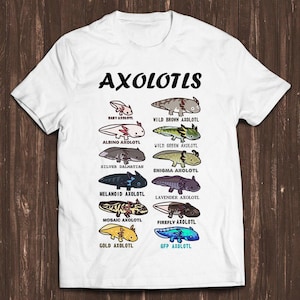 May include: A white short-sleeved t-shirt featuring a graphic print titled AXOLOTLS. The design displays twelve illustrated axolotls in various colours and patterns, each labelled with its specific name, including baby, wild brown, albino, wild green, silver dalmatian, enigma, melanoid, lavender, mosaic, firefly, gold, and GFP axolotl.