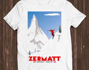 Swiss Alps Ski T Shirt Zermatt Valais Switzerland Poster Cool Tee C58