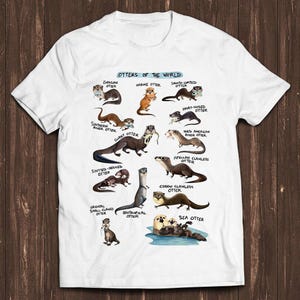 以下が含まれることがあります： OTTERS OF THE WORLDというタイトルのグラフィックがプリントされた白い半袖Tシャツ。ユーラシアカワウソ、ラッコ、ビロードカワウソ、ミナミカワウソ、ケナシカワウソ、カナダカワウソ、オオカワウソ、アフリカツメナシカワウソ、ノドチャカワウソ、コンゴツメナシカワウソ、コツメカワウソ、ネオトロピカルカワウソ、ラッコなど、さまざまなカワウソのイラストが描かれています。