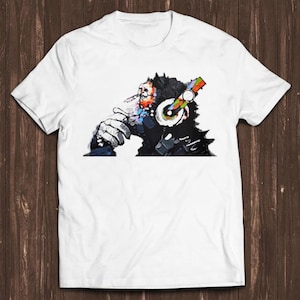 DJ Monkey Thinker with Headphones Banksy Inspired Fashion Art Retro Funny Parody Gift Tee T Shirt C1542