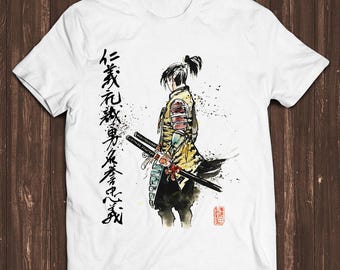Samurai Japanese Calligraphy with Sword Manga Anime Art Drawing Gamer Cult Meme Movie Music Cool Gift Tee T Shirt C1050
