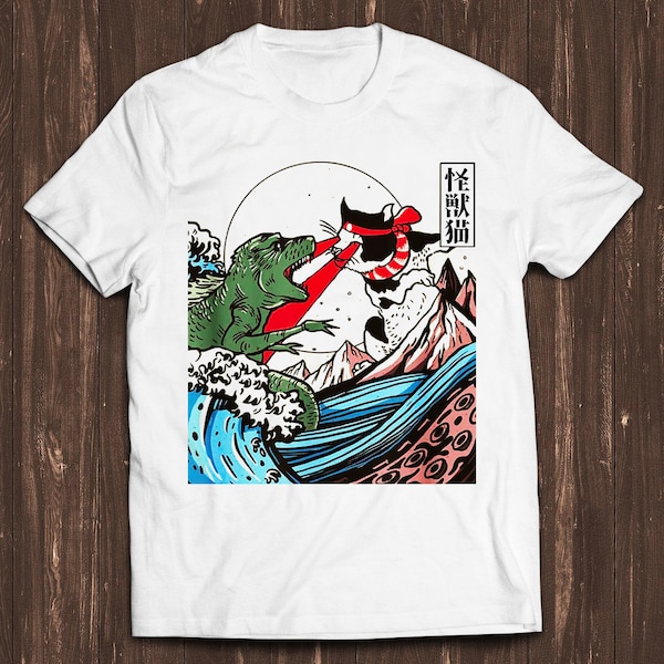 Horror Dinosaur Cat La gran ola de Kanagawa Catzilla Ocean Meme Gamer Divertido Retro Película de culto Música Top Cool Gift Camiseta C1039