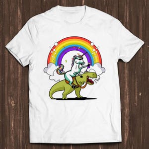 Unicorn Riding T-Rex Dinosaur Rainbow Art Funny Cool Gift Tee T Shirt C427