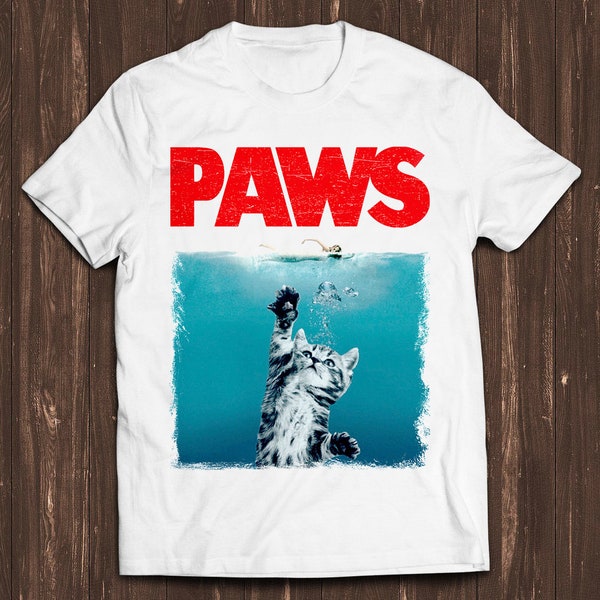 Paws Jaws Cat Fun Pet Lover Kitten Kitty Katze Weiße Hai Retro Gamer Cult Meme Movie Music Cool Gift Tee T Shirt C7261