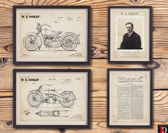 Harley Motorcycle patent illustration, Motorcycle Gift, Set of 4 motorcycle art prints,Vintage harley davidson gift for bike wall art