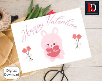 Printable Valentine's Greeting Card Instant Download 7"x 5" with 3 Love Quotes,Unique Romantic Gift,cute bunny,