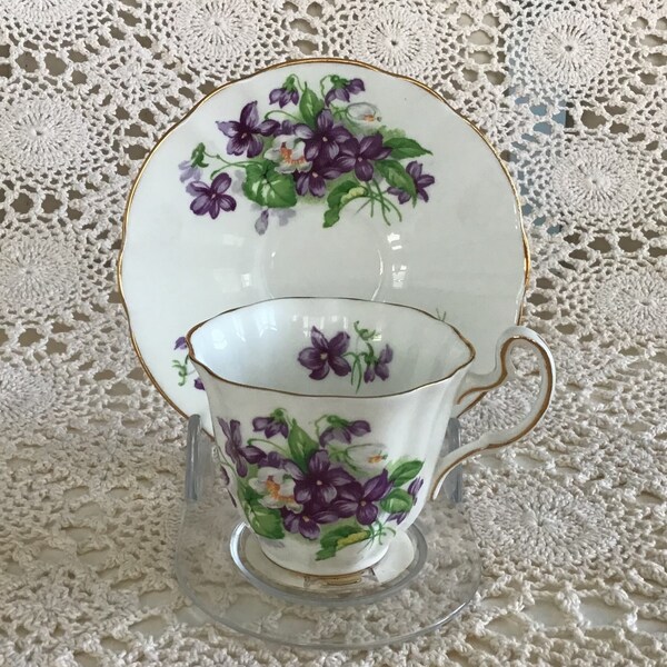 ENGLISH ADDERLEY 1940's CUP and Saucer. Violets.  Bone China. Made in England