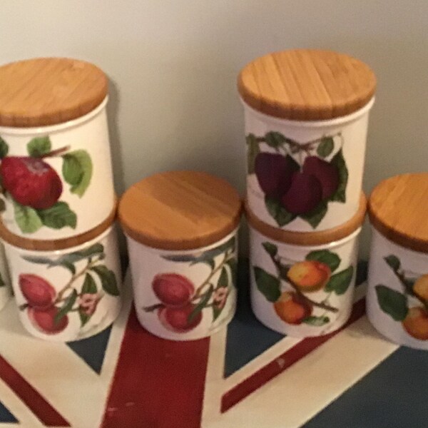 7 PORTMEIRION POMONA  3" SPICE Jars. Sold Individually.  Plum, Peach, Apricot, Apple.  Made in England