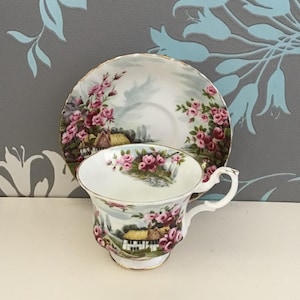 ROYAL ALBERT ROSE Cottage Bone China Cup and Saucer - Country Scenes. Made in England
