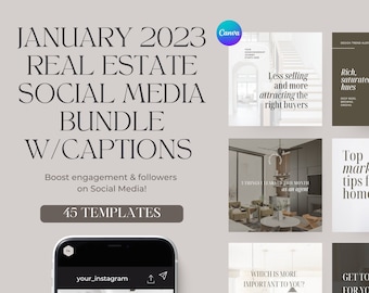 January 2023 Real Estate Marketing Templates With Matching Captions | Canva Real Estate January Social Media Posts | Aesthetic Real Estate