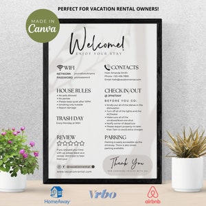 Airbnb Welcome Sign, Vacation Rental Printable, Editable Template, Guest Arrival Poster, Things to Know, House Rules, Wifi Info Sheet, VRBO