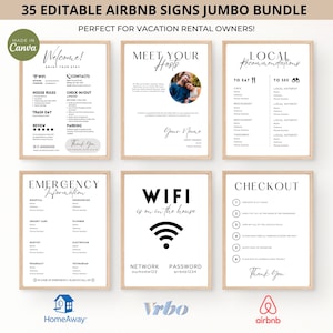 Modello di bundle di cartelli Airbnb, segnaletica Airbnb, affitto per le vacanze, cartello Wi-Fi, libro di benvenuto Airbnb, lista di pagamento, host Airbnb, cartelli semplici, VRBO