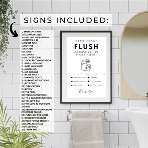 Puede incluir: Un cartel en blanco y negro con el texto "Por favor, no tire nada al inodoro excepto papel higi&eacute;nico". El cartel tambi&eacute;n incluye una lista de art&iacute;culos que deben colocarse en la basura, como art&iacute;culos sanitarios, pa&ntilde;ales, toallas de papel, toallitas faciales, toallitas para beb&eacute;s e hilo dental. El cartel est&aacute; enmarcado y colgado en una pared de azulejos blancos.