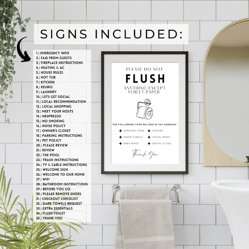 Puede incluir: Un cartel en blanco y negro con el texto "Por favor, no tire nada al inodoro excepto papel higi&eacute;nico". El cartel tambi&eacute;n incluye una lista de art&iacute;culos que deben colocarse en la basura, como art&iacute;culos sanitarios, pa&ntilde;ales, toallas de papel, toallitas faciales, toallitas para beb&eacute;s e hilo dental. El cartel est&aacute; enmarcado y colgado en una pared de azulejos blancos.