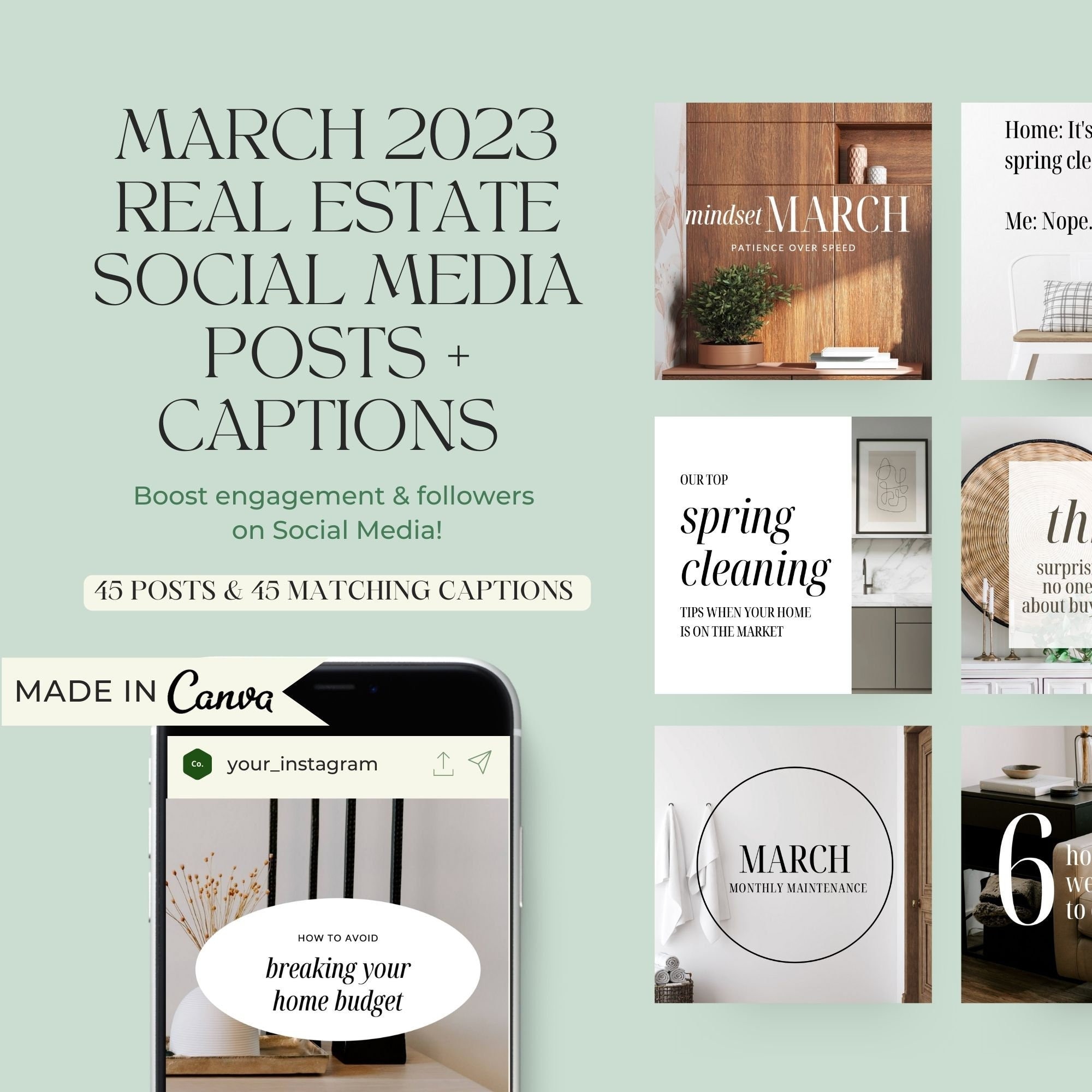 March Real Estate Marketing Templates With Matching Captions | Canva Real Estate Social Media Posts | Aesthetic Real Estate | Realtor