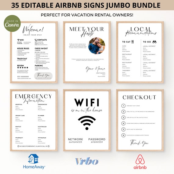 Airbnb Sign Bundle Template, Airbnb Signage, Vacation Rental, Wifi Sign, Airbnb Welcome Book, Checkout List, Airbnb Host, Simple Signs, VRBO