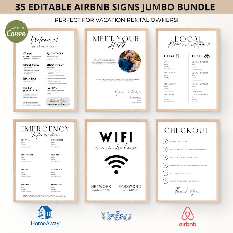 Puede incluir: Un conjunto de 35 carteles de Airbnb editables en un paquete jumbo. Los carteles est&aacute;n dise&ntilde;ados para propietarios de alquileres vacacionales e incluyen informaci&oacute;n sobre el registro de entrada, el registro de salida, el wifi, las recomendaciones locales y la informaci&oacute;n de emergencia. Los carteles est&aacute;n en blanco y negro con un dise&ntilde;o moderno y minimalista.