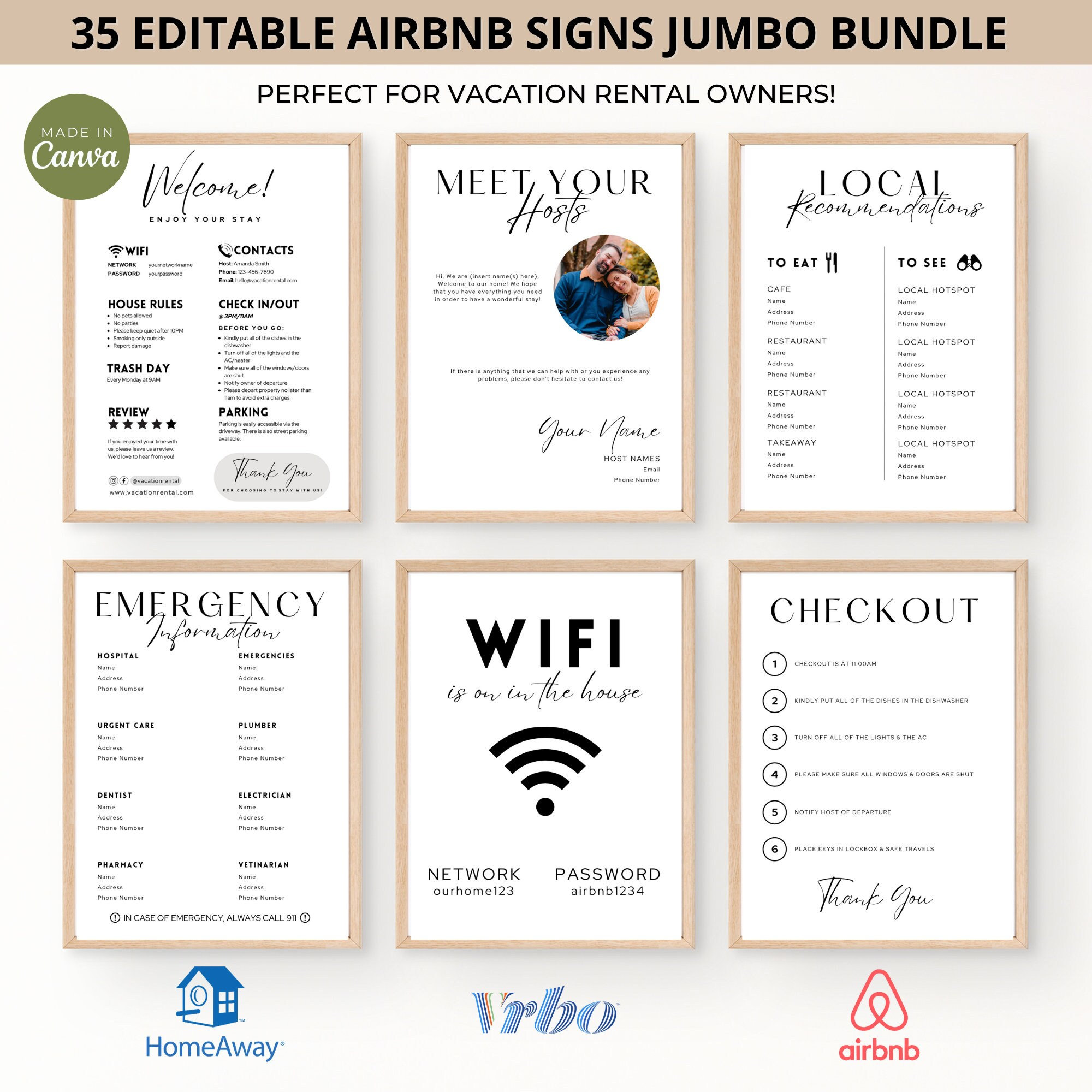 Airbnb Sign Bundle Template, Airbnb Signage, Vacation Rental, Wifi Sign, Airbnb Welcome Book, Checkout List, Airbnb Host, Simple Signs, VRBO