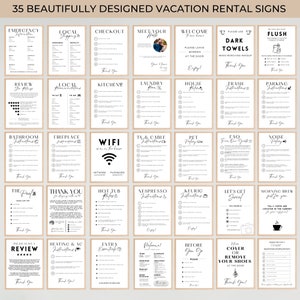 Puede incluir: Un conjunto de 35 carteles imprimibles para alquileres vacacionales con texto negro sobre fondo blanco. Los carteles incluyen instrucciones para los hu&eacute;spedes sobre temas como informaci&oacute;n de emergencia, compras locales, salida, encuentro con el anfitri&oacute;n, bienvenida, uso de toallas oscuras, descarga del inodoro, rese&ntilde;a, atracciones locales, cocina, lavander&iacute;a, reglas de la casa, instrucciones para la basura, instrucciones de estacionamiento, instrucciones para el ba&ntilde;o, instrucciones para la chimenea, wifi, instrucciones para la televisi&oacute;n y el cable, pol&iacute;tica de mascotas, preguntas frecuentes, pol&iacute;tica de ruido, la piscina, gracias, reglas del jacuzzi, instrucciones para Nespresso, instrucciones para Keurig, vamos a ser sociales, caf&eacute; de la ma&ntilde;ana, por favor deja una rese&ntilde;a, instrucciones para la calefacci&oacute;n y el aire acondicionado, art&iacute;culos adicionales esenciales, bienvenido, antes de irte, cubre o quita tus zapatos, y salida.