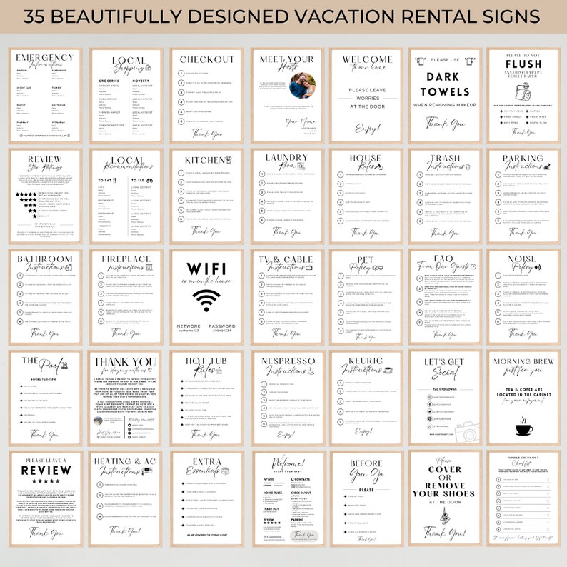 Puede incluir: Un conjunto de 35 carteles imprimibles para alquileres vacacionales con texto negro sobre fondo blanco. Los carteles incluyen instrucciones para los hu&eacute;spedes sobre temas como informaci&oacute;n de emergencia, compras locales, salida, encuentro con el anfitri&oacute;n, bienvenida, uso de toallas oscuras, descarga del inodoro, rese&ntilde;a, atracciones locales, cocina, lavander&iacute;a, reglas de la casa, instrucciones para la basura, instrucciones de estacionamiento, instrucciones para el ba&ntilde;o, instrucciones para la chimenea, wifi, instrucciones para la televisi&oacute;n y el cable, pol&iacute;tica de mascotas, preguntas frecuentes, pol&iacute;tica de ruido, la piscina, gracias, reglas del jacuzzi, instrucciones para Nespresso, instrucciones para Keurig, vamos a ser sociales, caf&eacute; de la ma&ntilde;ana, por favor deja una rese&ntilde;a, instrucciones para la calefacci&oacute;n y el aire acondicionado, art&iacute;culos adicionales esenciales, bienvenido, antes de irte, cubre o quita tus zapatos, y salida.