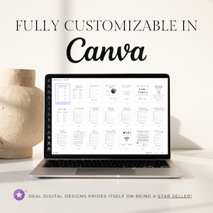 Puede incluir: Un ordenador port&aacute;til que muestra una plantilla de dise&ntilde;o de Canva con 24 carteles imprimibles para un hogar o negocio. Los carteles incluyen t&iacute;tulos como "Emergencia", "Local", "Caja", "Conoce a tu anfitri&oacute;n", "Bienvenido", "Toallas oscuras", "Tirar de la cadena", "Cocina", "Lavander&iacute;a", "Ba&ntilde;o", "Wifi", "Gracias" y "La piscina".