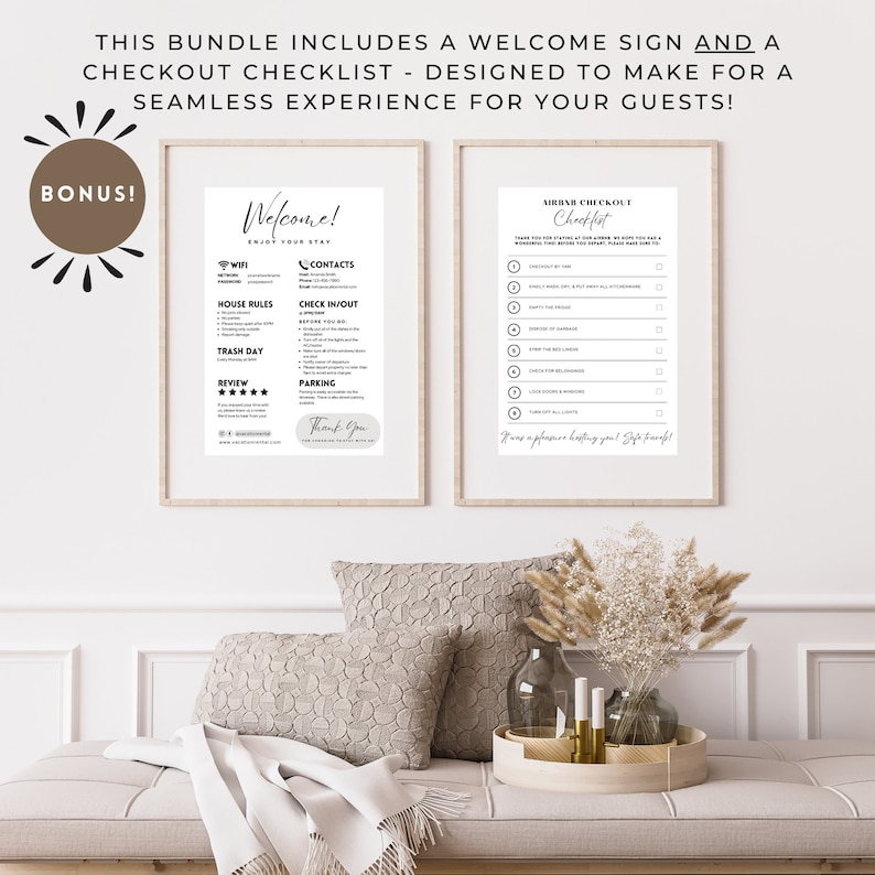Puede incluir: Dos carteles imprimibles para anfitriones de Airbnb. El primer cartel es un cartel de bienvenida con informaci&oacute;n sobre WiFi, contactos, normas de la casa, d&iacute;a de la basura, entrada y salida, estacionamiento y una secci&oacute;n de rese&ntilde;as. El segundo cartel es una lista de verificaci&oacute;n que los hu&eacute;spedes deben completar antes de hacer el check-out. Los carteles est&aacute;n impresos en papel blanco con texto negro.