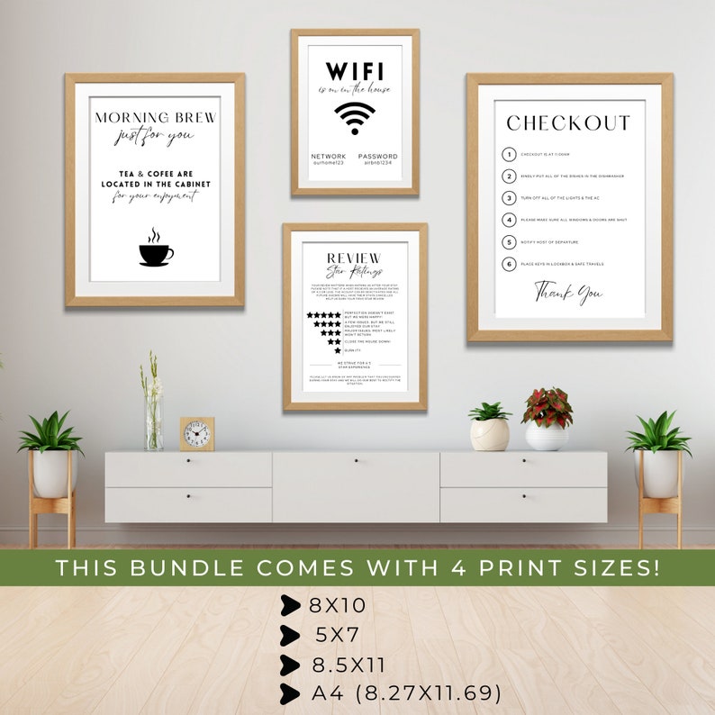Puede incluir: Un conjunto de cuatro carteles imprimibles para una propiedad de alquiler. Los carteles son en blanco y negro y presentan texto como "Morning Brew Just for You", "WIFI is in the house", "Checkout" y "Review Your Stay". Los carteles se muestran en una pared sobre una c&oacute;moda blanca con dos plantas en maceta.