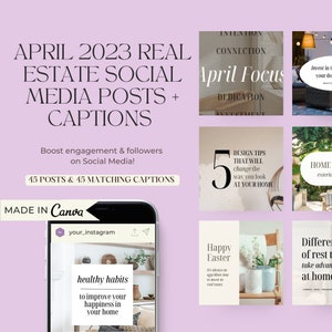 May include: A pink background with a graphic design for social media posts for real estate agents. The graphic includes the text "April 2023 Real Estate Social Media Posts + Captions". The graphic also includes the text "Boost engagement & followers on Social Media!" and "45 Posts & 45 Matching Captions". The graphic also includes the text "Made in Canva".