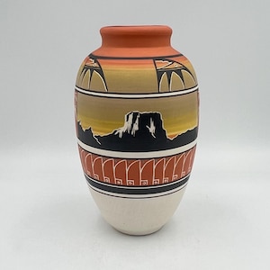 Vintage Navajo Pottery Hand Painted Tall Mesa Vase, Vintage Navajo Pottery Southwest Mesa Hand Painted and Etched Vase, Navajo Signed Dated