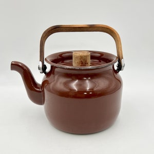 Vintage Brown Enamel Tea Kettle with Teak Handle