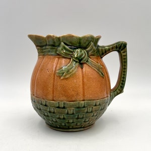 Antique Majolica Pottery Pitcher: Basket Weave, Ribbon Accent, c.1800s