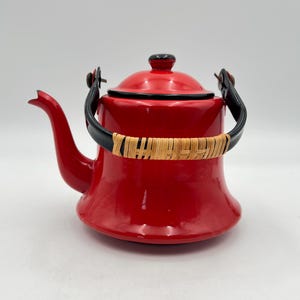 Vintage Red Enamel Teapot: Mid-Century Modern OTO Japan Kettle