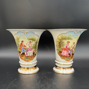 Victorian Schierholz Porcelain Mantel Vases: Hand-Painted German Pair
