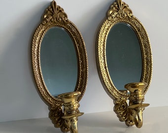 Vintage Home Interior Mirror Scone Set, Vintage Hollywood Regency Gold Mirror Sconce Pair, Vintage Gold Mirror Wall Sconce Pair