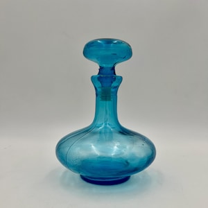 Mid Century Italian Empoli Glass Decanter: Turquoise Blue Genie Bottle