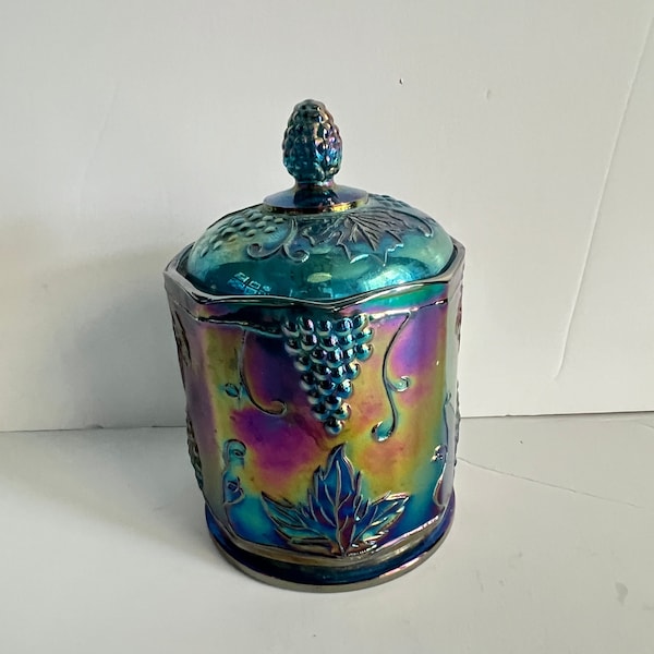 Vintage Indiana Carnival Glass Blue Harvest Grape Lidded Canister, Iridescent Peacock Blue Carnival Glass, Vintage Carnival Glass Cookie Jar