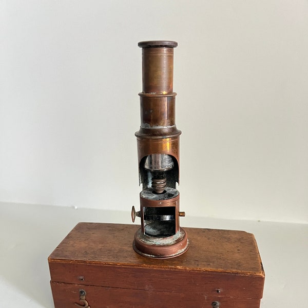 Antique Copper Drum Compound Microscope, Antique Student Field Microscope, French Pocket Field Microscope, Antique Copper Microscope