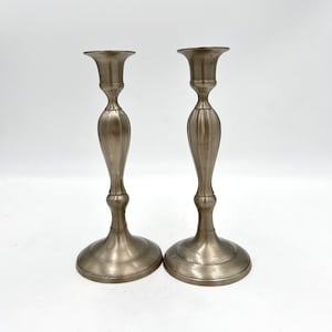 Vintage Art Deco Pewter Candlestick Pair: Satin Finish, 8&quot; Tall