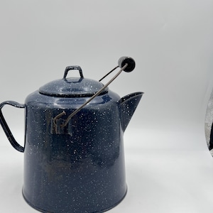 Vintage Blue Speckled Enamelware Cowboy Coffee Pot Kettle