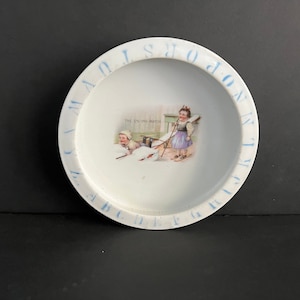 Antique German Porcelain Child&#39;s Plate: Alphabet Nursery Dish, 1920s