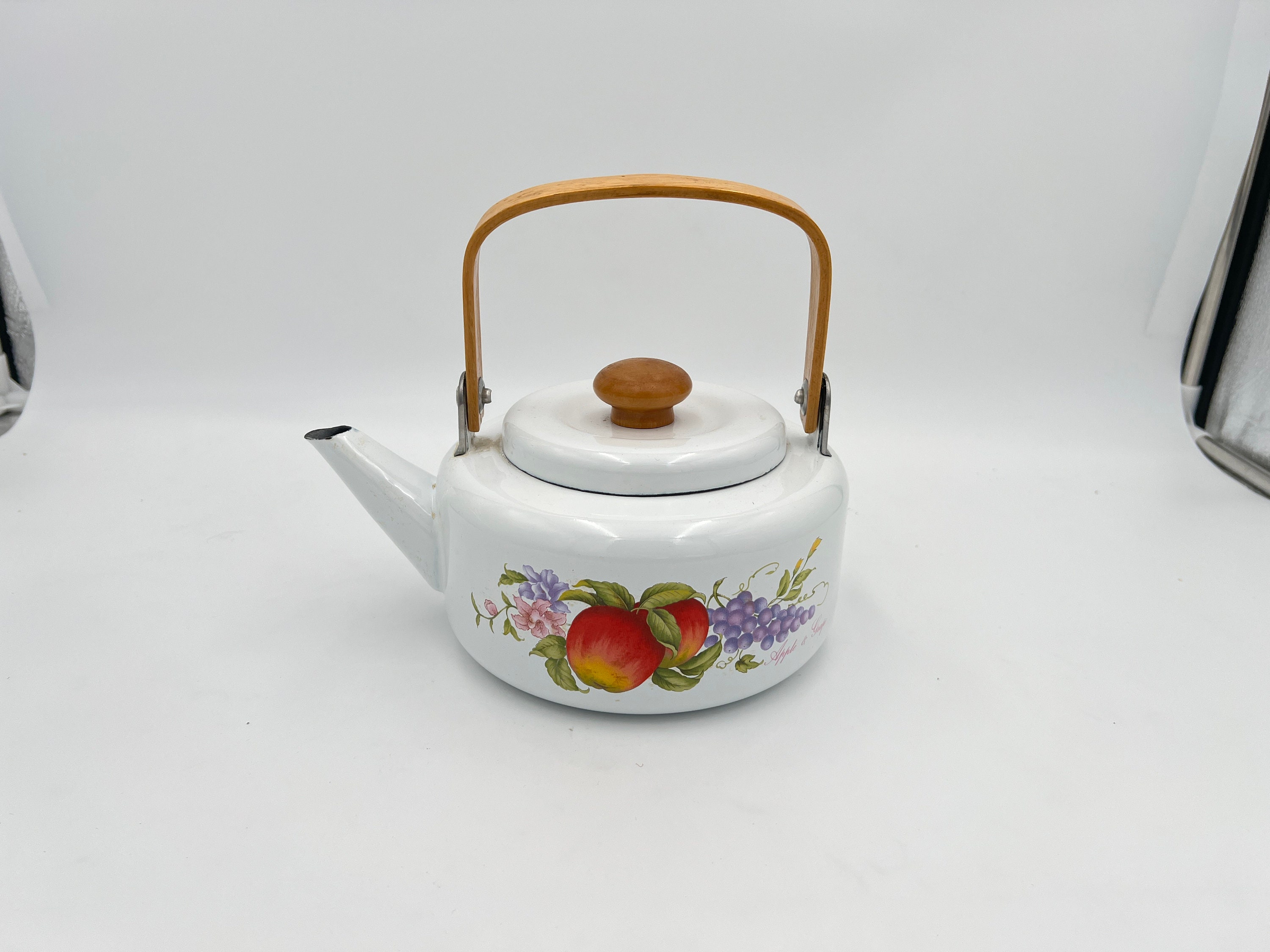 Vintage Enamel Teapot: Apple & Grape Harvest Decor, Bentwood Handle