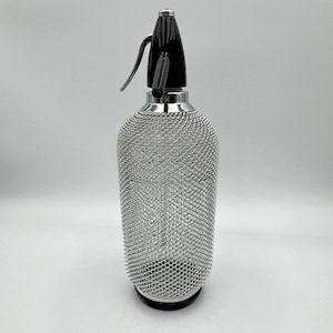 Vintage Classic Soda Siphon Seltzer Glass Bottle with Metal Mesh, Mid Century Soda Siphon Seltzer Glass Bottle with Silver Mesh Wrap