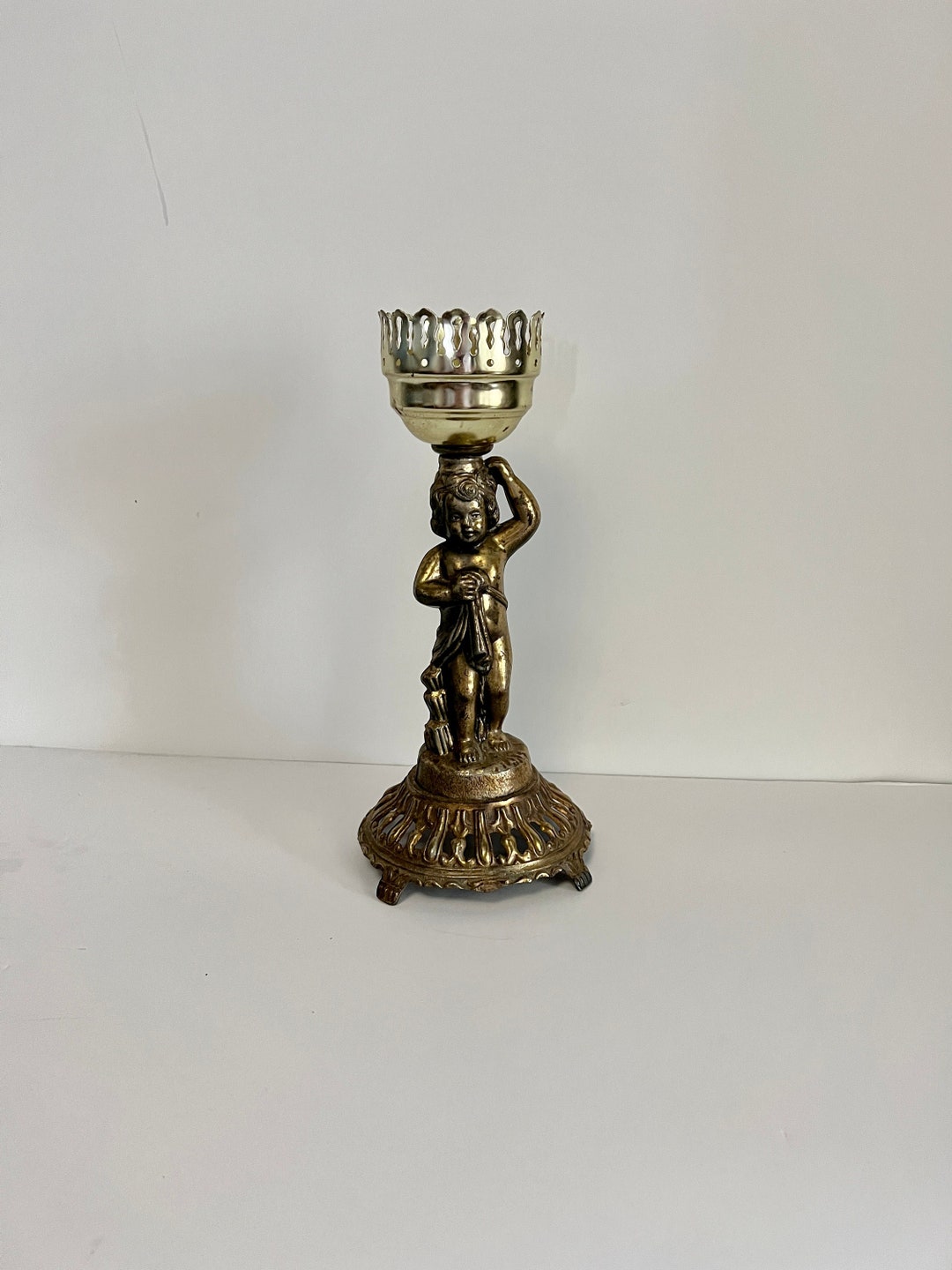 Vintage Brass Cherub Candle Lamp, Hollywood Regency Brass Cherub Candle