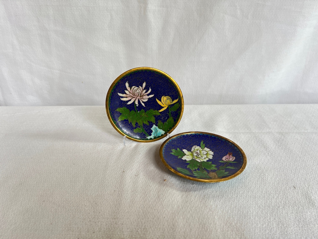 Vintage Chinese Cloisonné Plates, Hand Painted Cloisonne Plate Set of 2