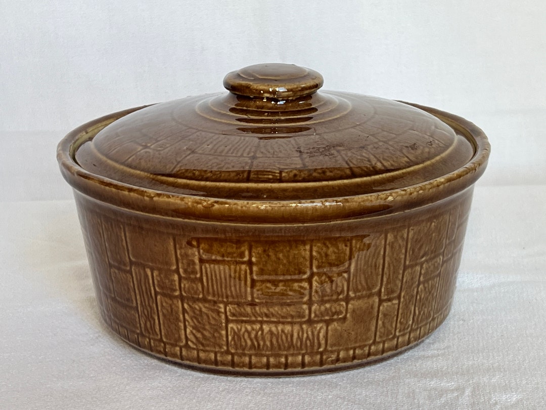 Mccoy Stoneware Covered Casserole Baker, Faux Brick Design, Vintage