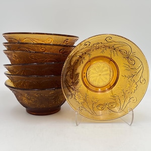 Vintage 1165 Tiara Indiana Glass Amber Sandwich Pattern Coupe Bowls, Mid Century Tiara Indiana Glass Amber Sandwich Glass Soup Bowls