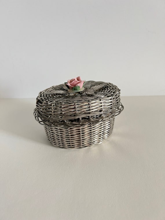 Vintage Silver Woven Basket Jewelry Box, Vintage F