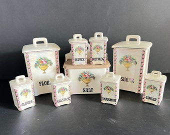 Vintage Czech Lusterware Canister Set, Vintage Ceramic Canisters, Czech Rose Lusterware Ceramic Canisters, Vintage Ceramic Spice Set